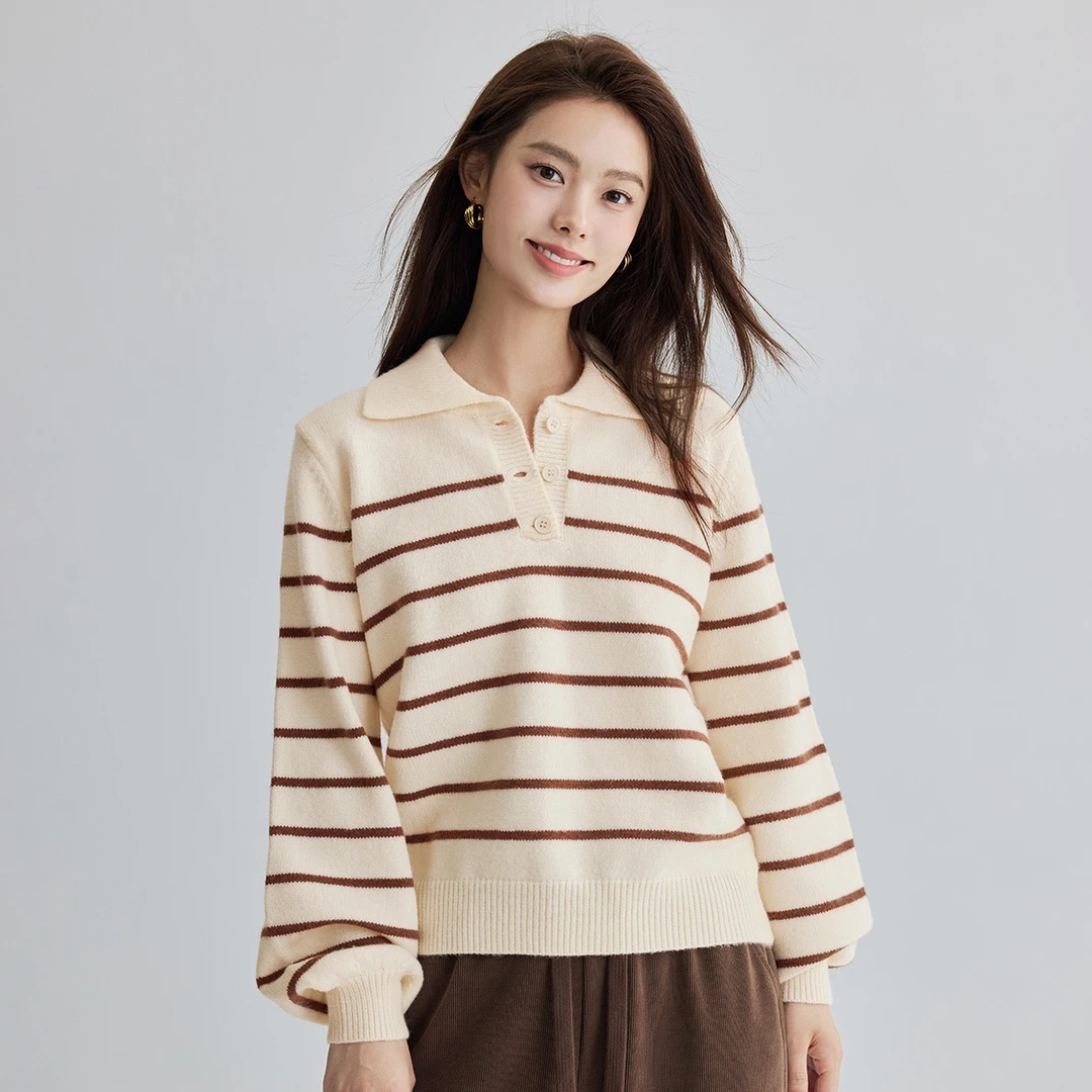 【茵曼服饰】茵曼复古慵懒条纹POLO领毛衣上衣F18438505