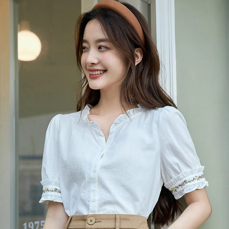 【绿子专属】茵曼田园木耳边短袖衬衫文艺绣花衬衣K18424032