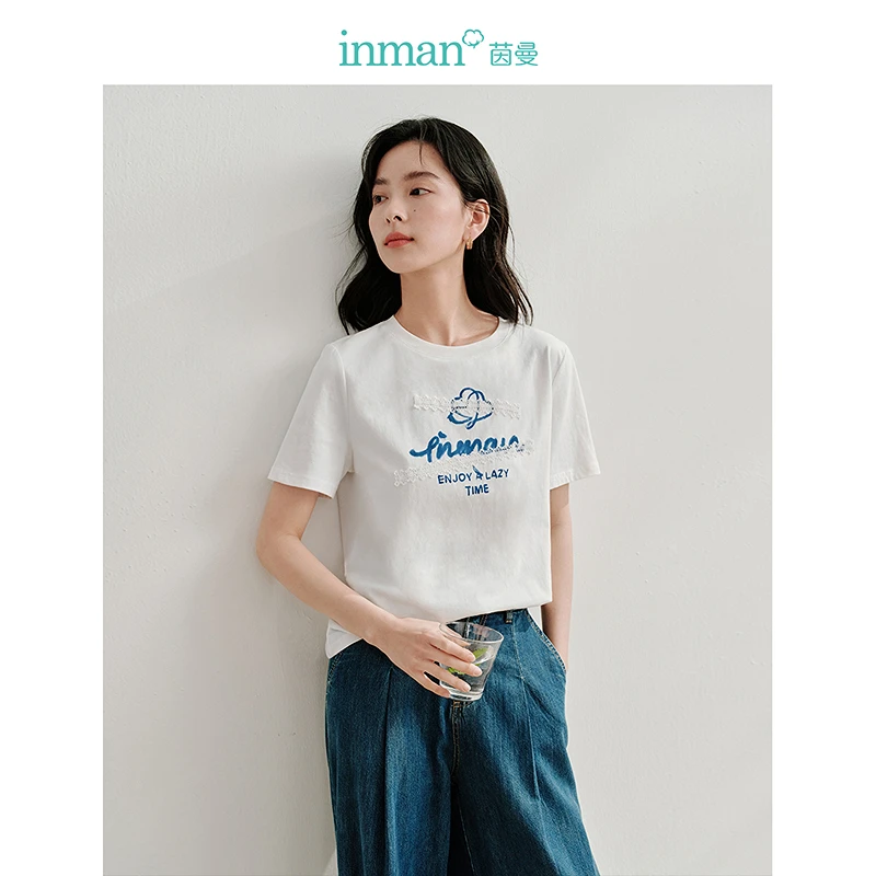 【毛毛专属】茵曼纯棉减龄短袖T恤夏女装花边字母图案圆领百搭上衣