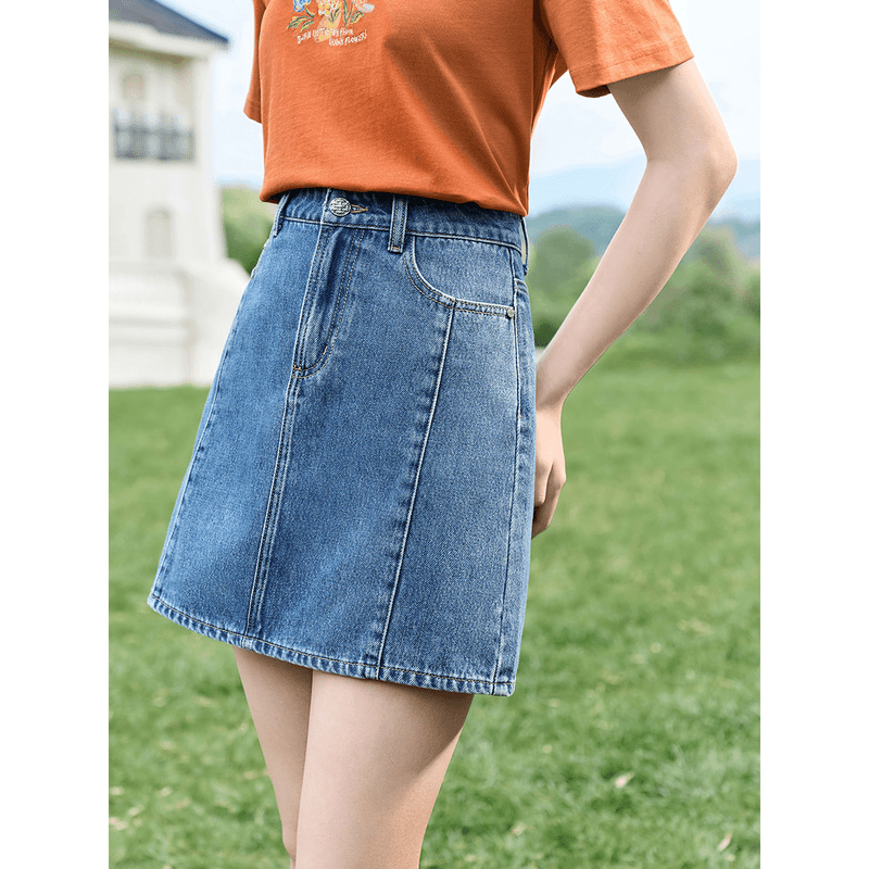 【香港Ida专属】茵曼复古通勤软牛仔短裙高腰显瘦A字半身裙18332154