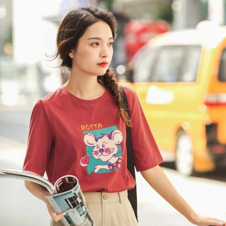 【红人专属】茵曼韩版短袖T恤宽松趣味动物印花百搭上衣18322519