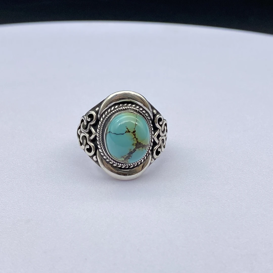 天然原矿绿松石足银戒指蒙古元素民族风纯银手工s990银戒指896