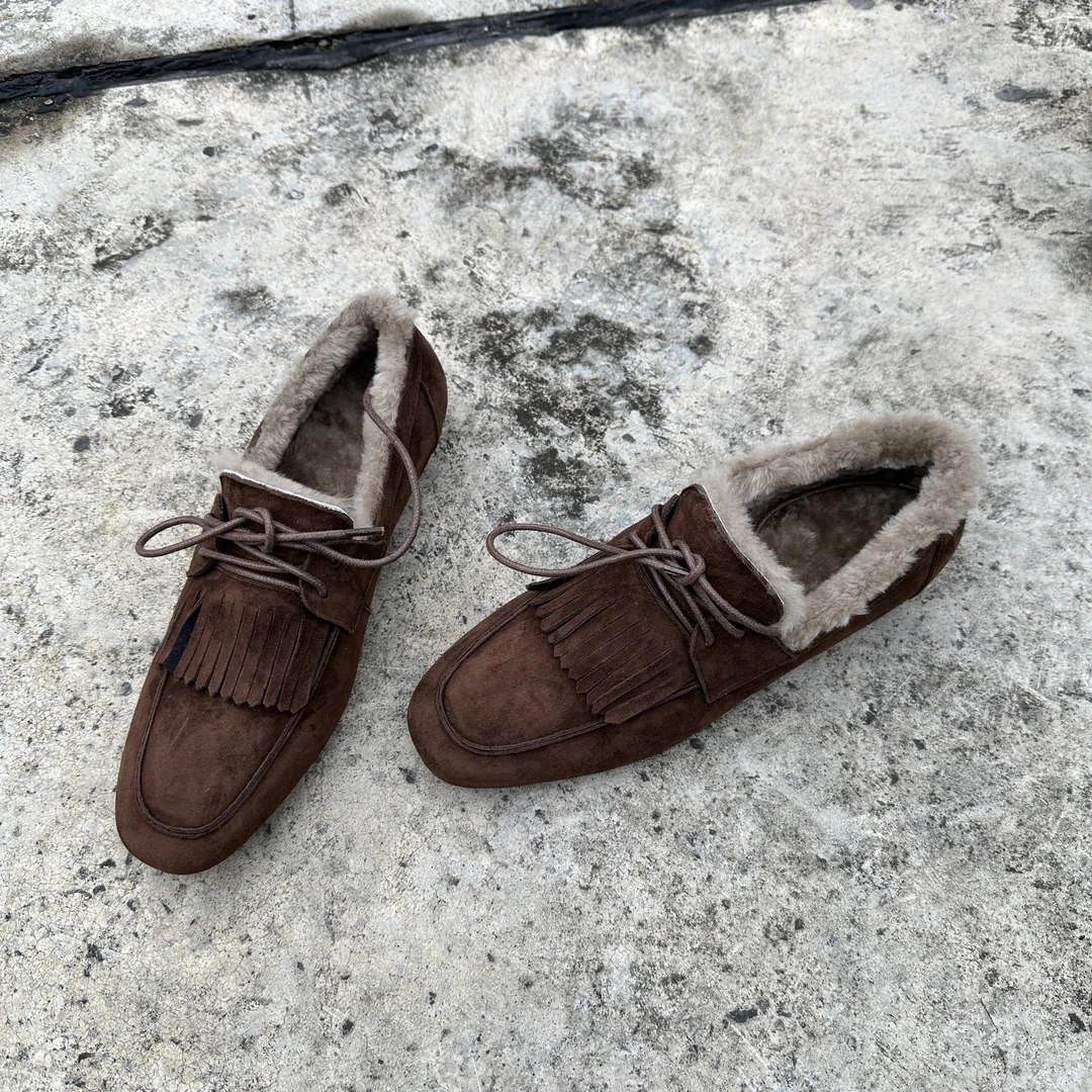 气质老钱风保暖流苏保暖单鞋舒适百搭真皮软底加绒毛绒时尚单鞋