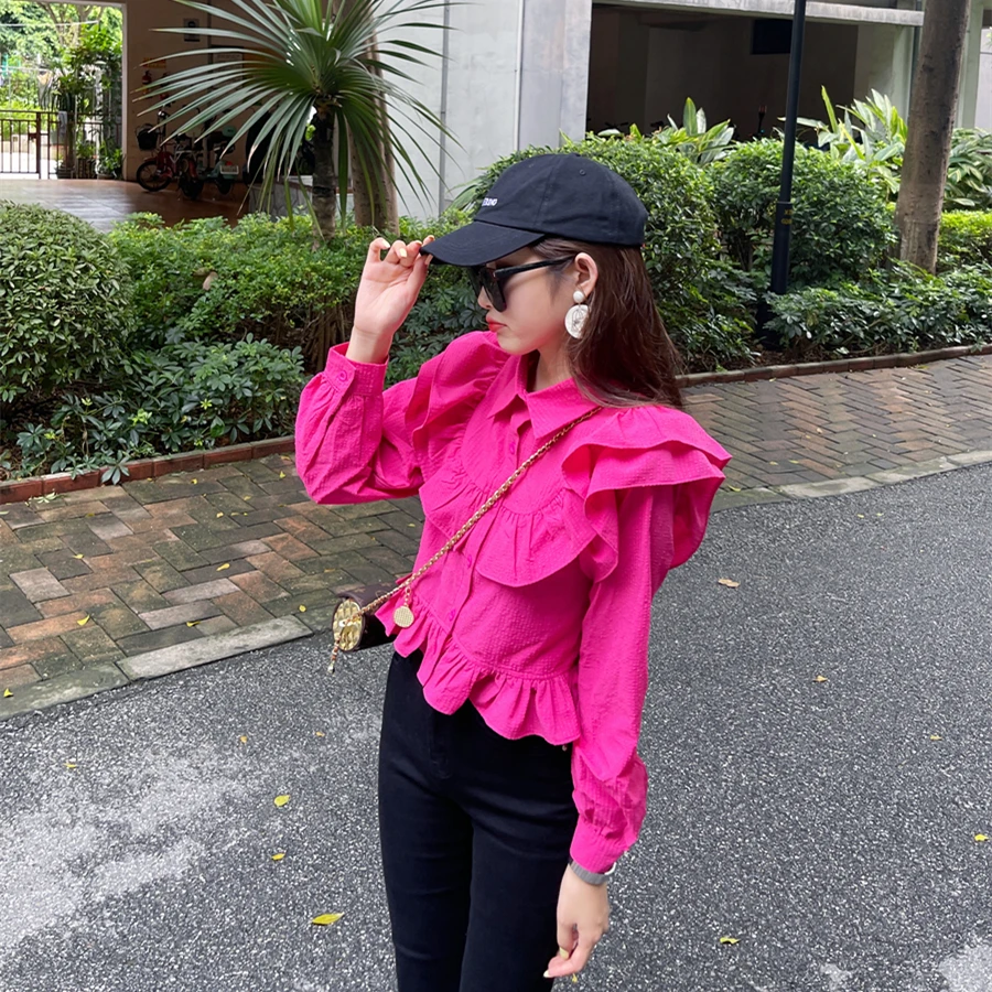 AGUMAN2022早秋明星同款翻领荷叶长袖上衣法式气质荷叶边衬衫女款