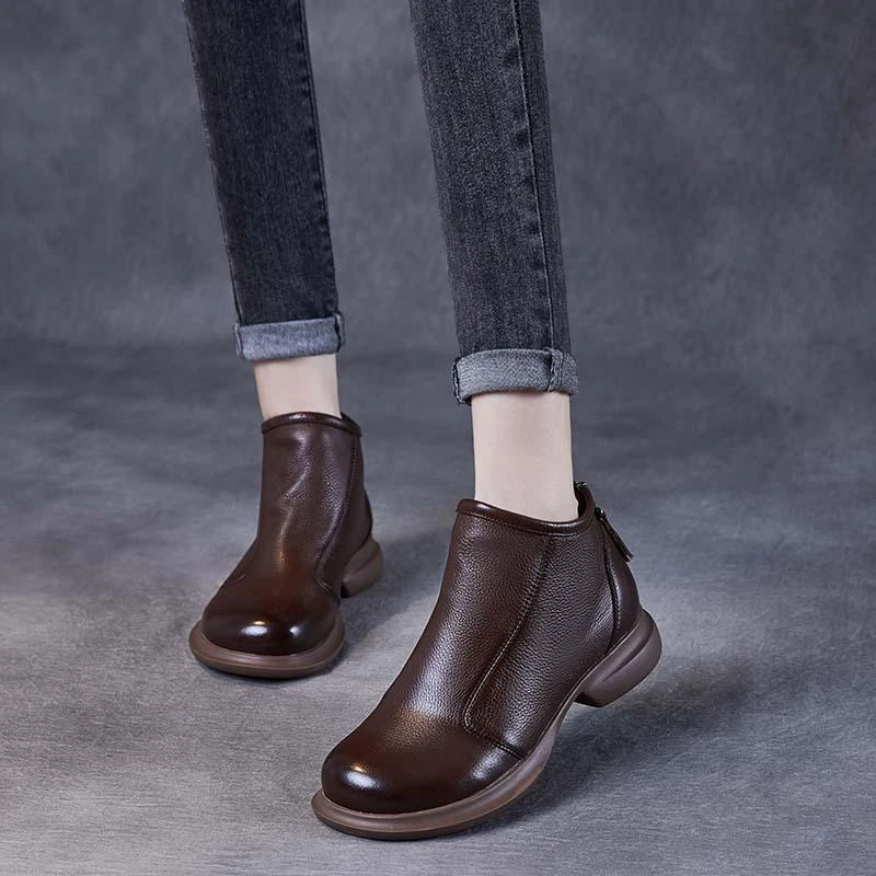 复古真皮短靴女2023年秋冬新款后拉链纯色圆头单靴平底及踝靴棉靴
