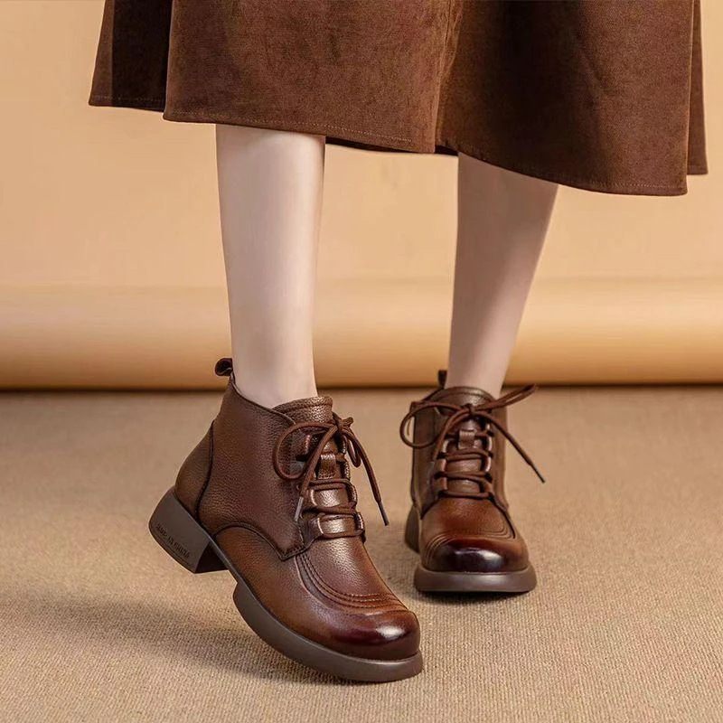 秋冬保暖头层牛皮新款加绒单靴妈妈短靴马丁靴真皮软底中年女靴子