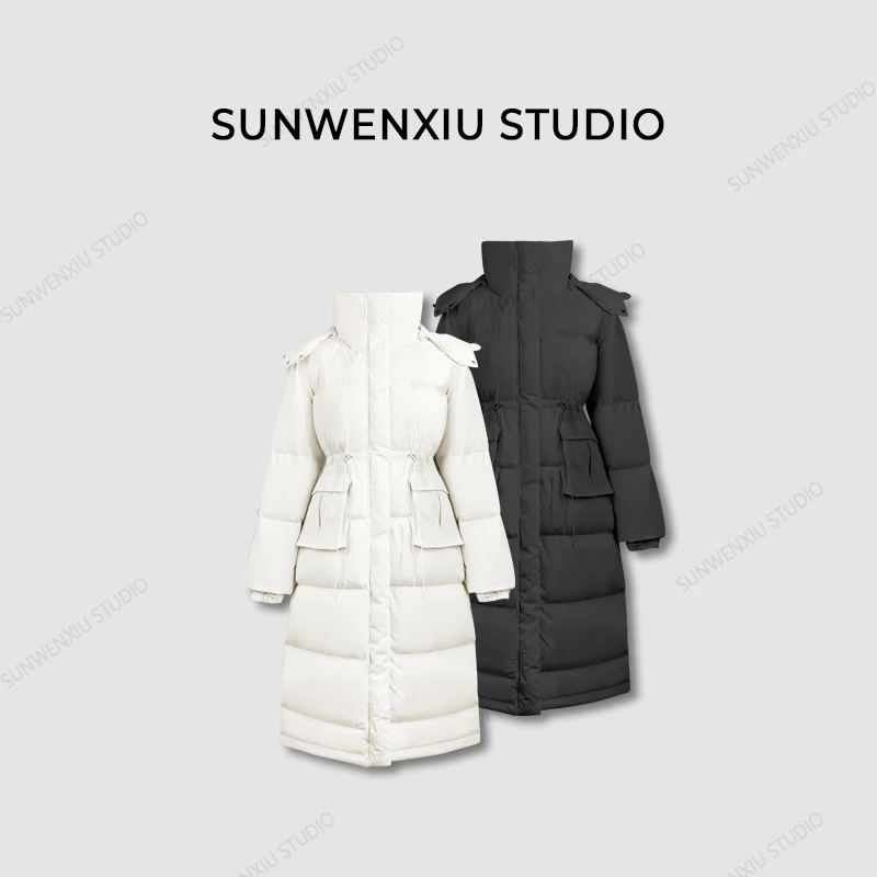 swx studio2店 重磅 充绒400克90国标白鸭绒长款收腰羽绒服