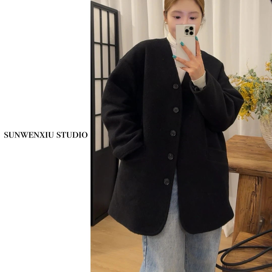 swx studio2店 黑松露 极简宽松百搭单排扣毛呢外套