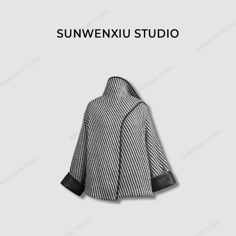swx studio2店 富贵闲人 小众设计感羊毛斜纹拼皮休闲毛呢外套