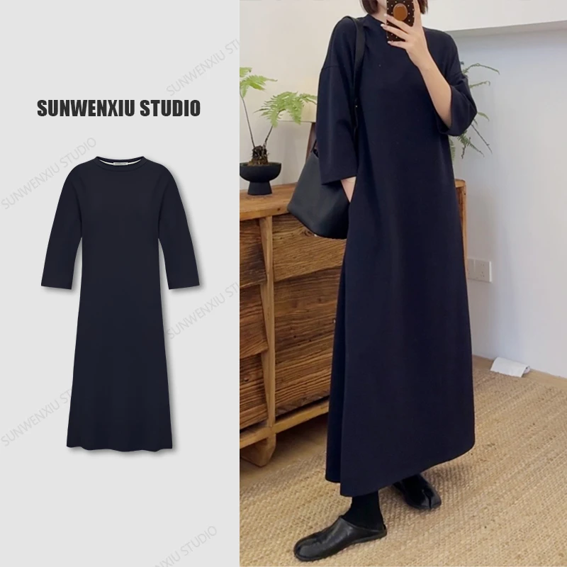 swx studio2店 奶皮子2.0 秋季韩版针织中长款连衣裙七分袖连衣裙