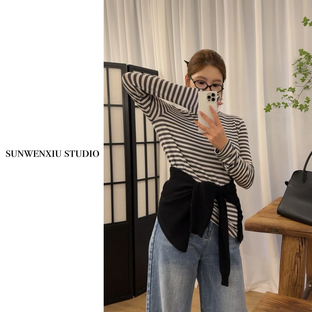 swx studio2店 贯穿秋冬 经典显瘦打底对条工艺条纹tee