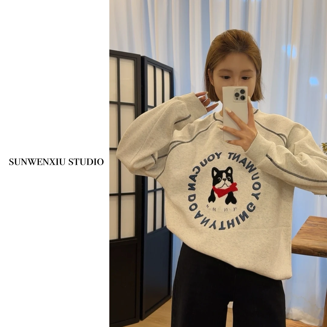 swx studio2店 可爱狗 重工毛巾绣专机明线加绒圆领卫衣