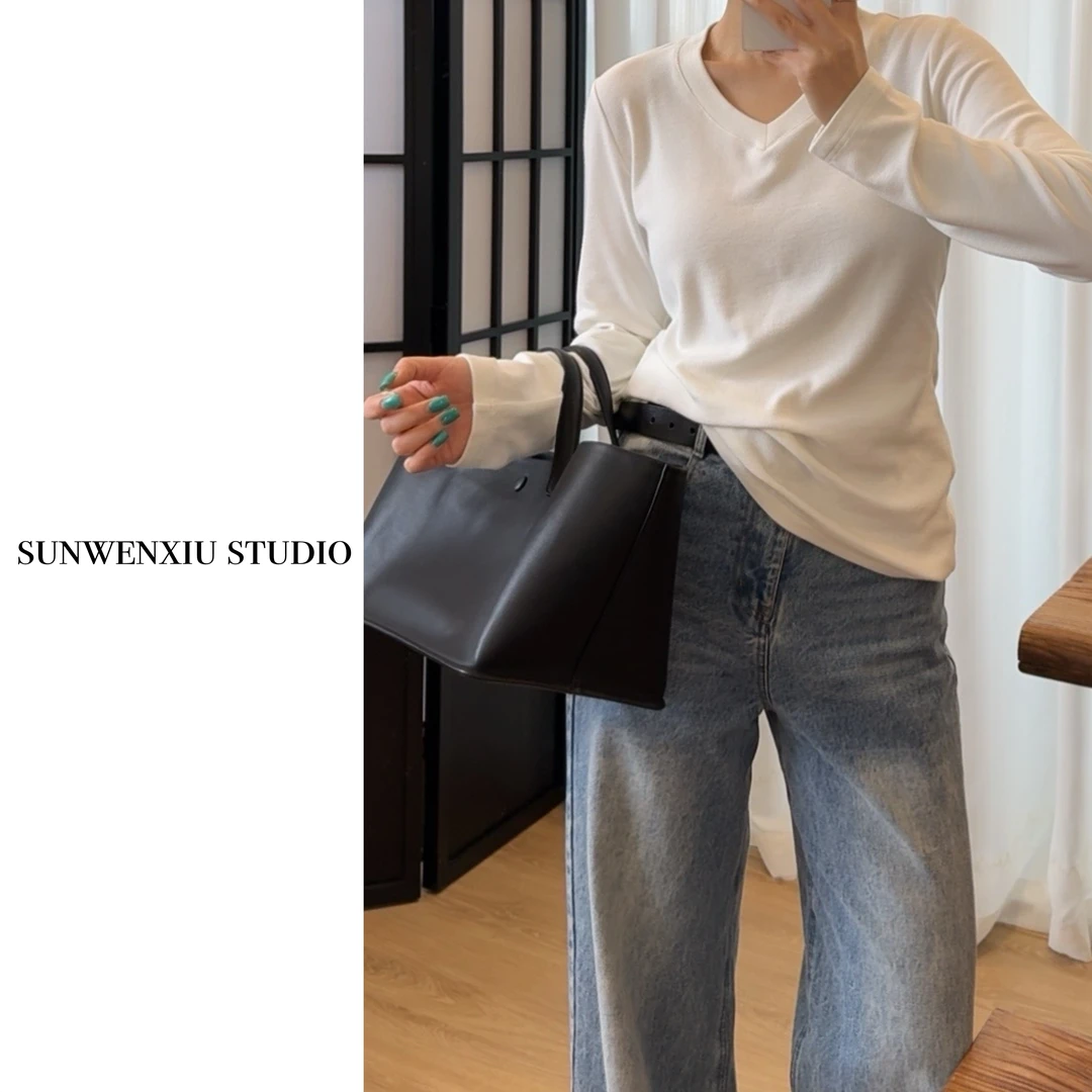 swx studio2店 纸片人 极简显瘦百搭软糯磨毛V领打底T恤