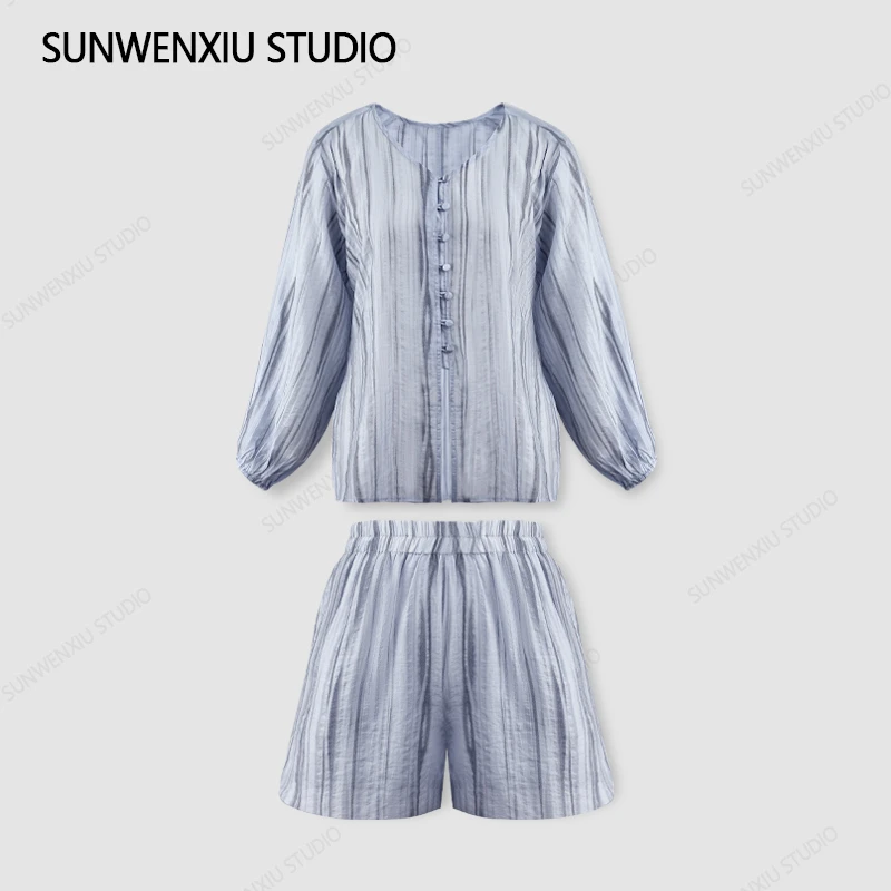 swx studio蓝色时尚设计感条纹肌理V领排扣夏季休闲套装S420305