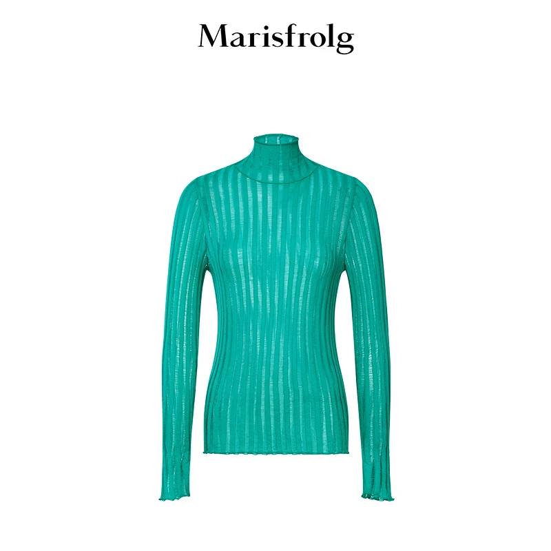 【姿姐精选】Marisfrolg/玛丝菲尔松石绿竖条纹透视打底羊毛针织衫