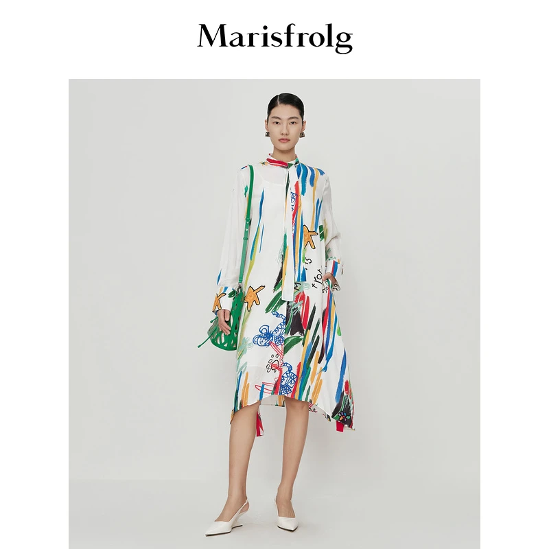 Marisfrolg/玛丝菲尔【花稿印花系列】春季新款铜氨丝长袖连衣裙
