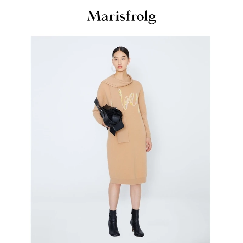 Marisfrolg玛丝菲尔设计师秋冬【附赠围巾】中长裙绵羊毛连衣裙气质