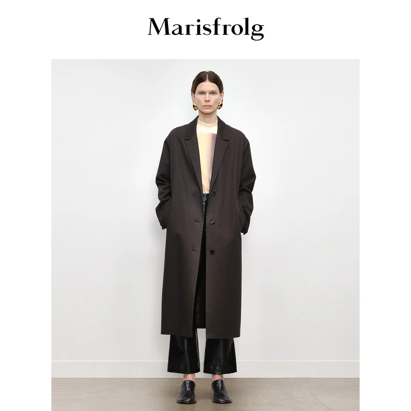 【艺术时装大衣】Marisfrolg玛丝菲尔时尚黑色秋冬过膝秋季休闲风衣