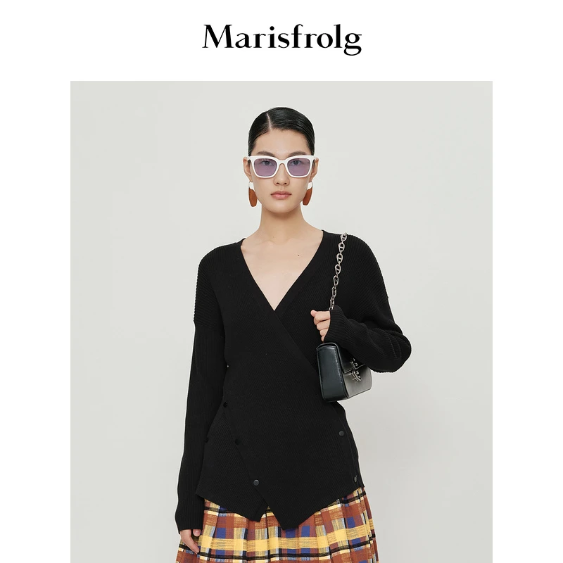 【米儿精选】玛丝菲尔黑色修身纯色通勤v领打底针织衫毛衣