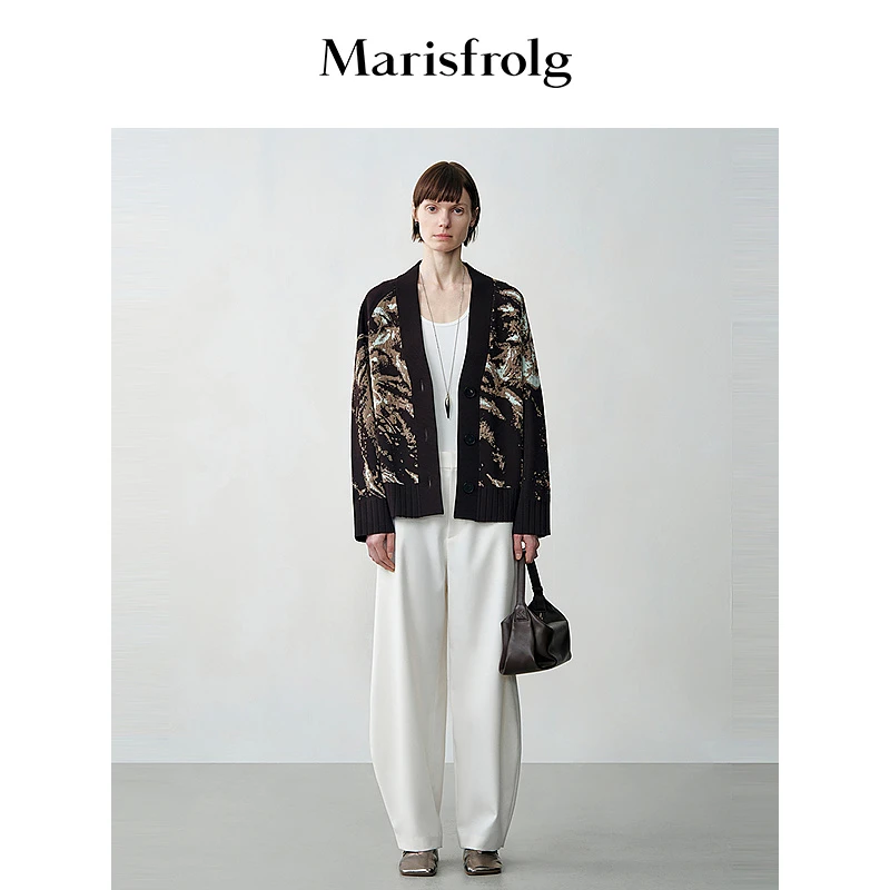 【芳芳精选】Marisfrolg/玛丝菲尔山野秋宽罗纹拼接提花针织开衫