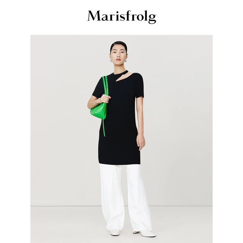 【商场同款】玛丝菲尔年夏季新款黑色圆领中长款针织连衣裙女