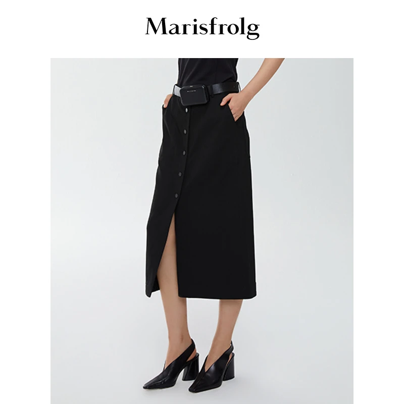 【姿姐精选】Marisfrolg/玛丝菲尔春季新款黑色修身开衩排扣半身裙