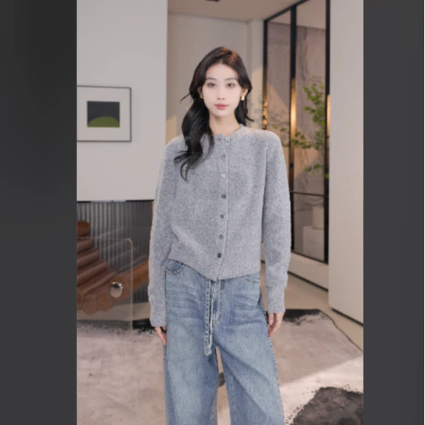 【米儿精选】玛丝菲尔气质时尚百搭灰色纯色秋冬宽松针织衫圆领针织