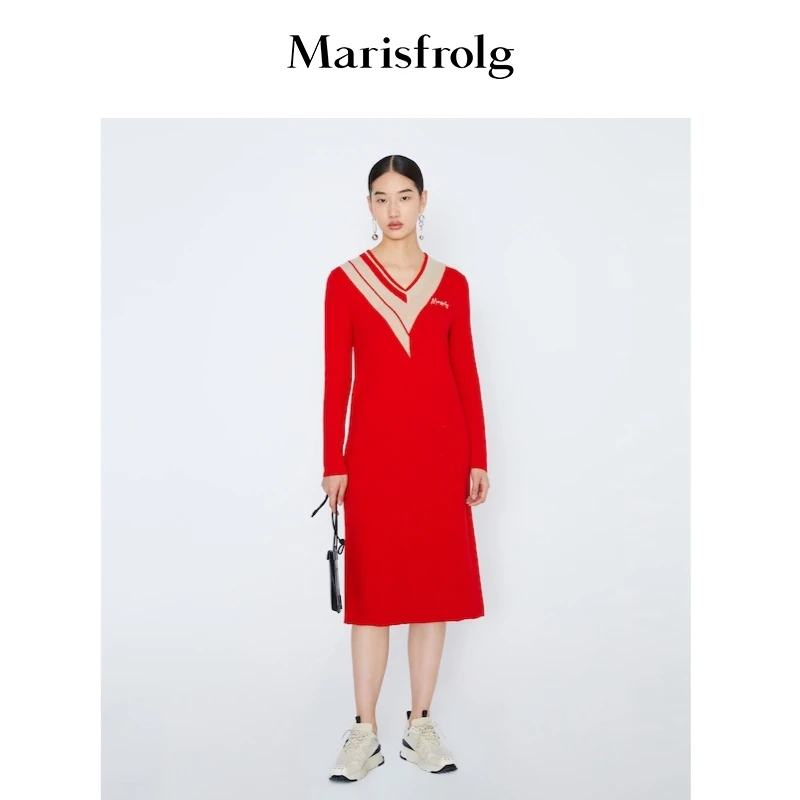 【新年新装】玛丝菲尔长袖连衣裙红色撞色修身显瘦]轻奢秋冬女装