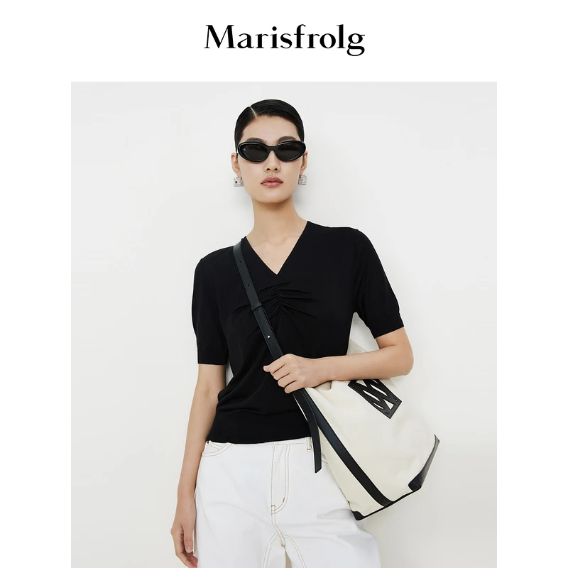 【商场同款】玛丝菲尔2023年夏季新款黑色真丝气质修身短袖T恤女