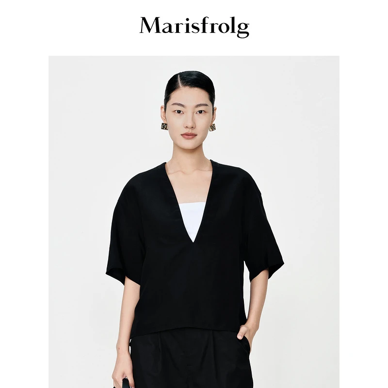 【米儿精选】玛丝菲尔时尚休闲春夏简约纯色复古黑色衬衫