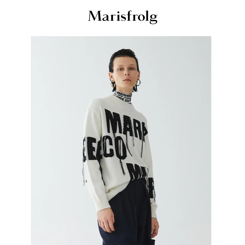 Marisfrolg/玛丝菲尔套头女装秋季新款花稿白色毛针织衫A1AY3827M