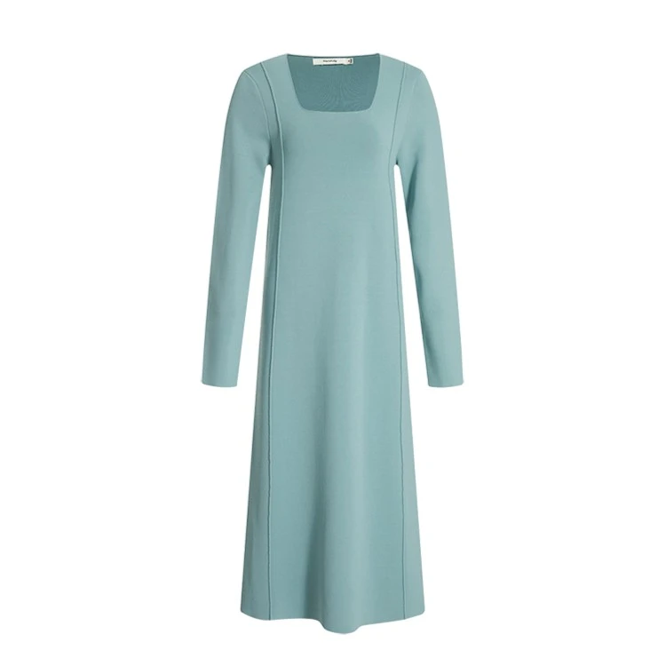 【天然亲肤系列】玛丝菲尔蓝色方领针织春季长袖连衣裙A1BW3864M