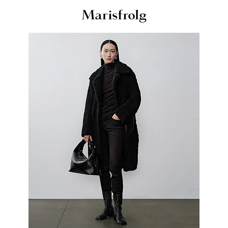 【艺术时装大衣】Marisfrolg玛丝菲尔休闲黑色保暖秋冬毛呢加厚外套