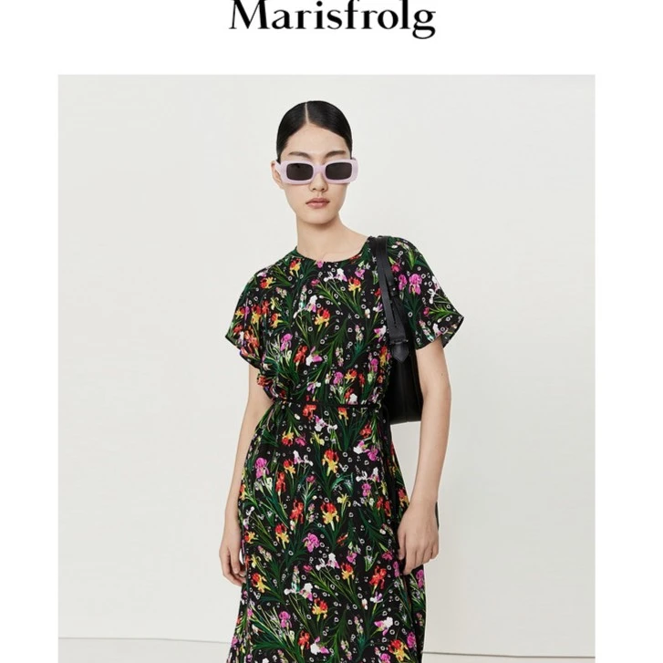 【晨晨甄选】玛丝菲尔【鸢尾花元素】款荷叶袖桑蚕丝连衣裙女装休闲