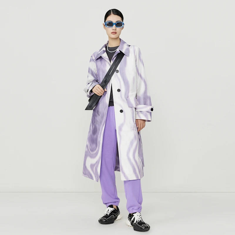 【时尚潮流系列】玛丝菲尔秋季紫色印花艺术感收腰秋冬风衣外套休闲