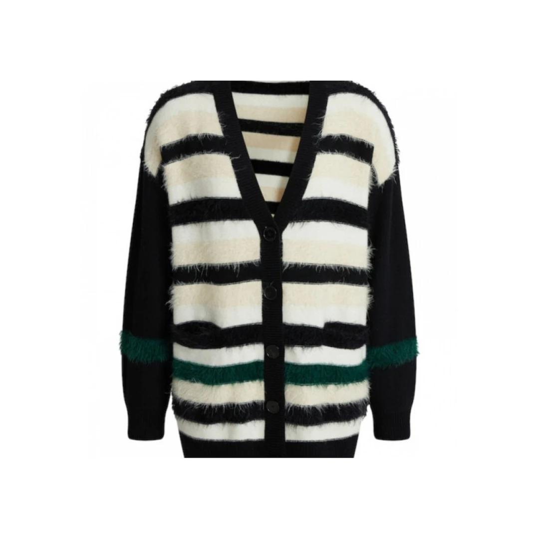 【心心精选】玛丝菲尔毛针织衫冬季新黑白条纹羊毛针织开衫