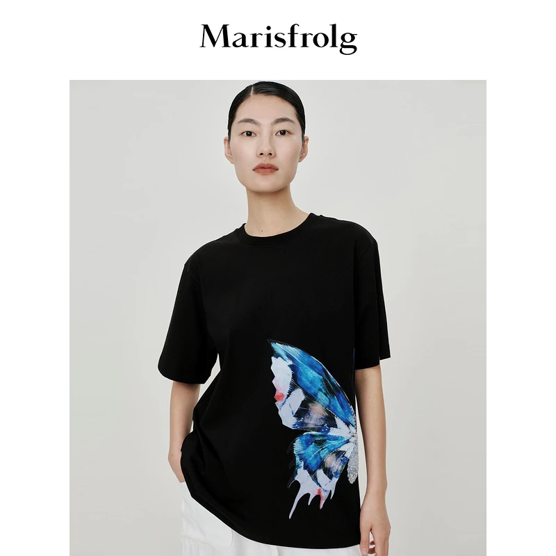 Marisfrolg/玛丝菲尔【米儿精选】时尚蝴蝶定位印花短袖T恤