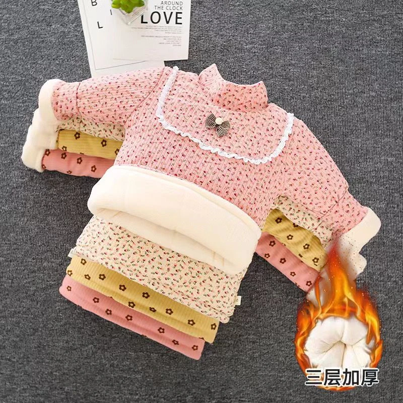 加厚女童打底衫儿童保暖衣高领线衣三层加棉百搭修身套头棉袄新款