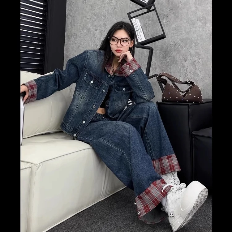 2025FW 08/14 00:00NEW 秋季复古格纹拼接宽松做旧水洗牛仔套装