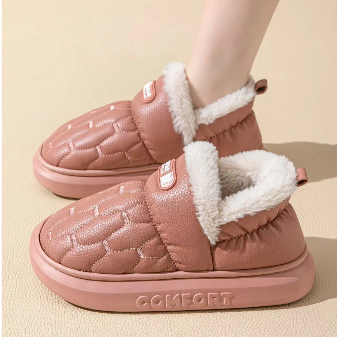 力槟克情侣款棉拖鞋女款冬季加绒皮面防水防滑厚底保暖棉拖鞋