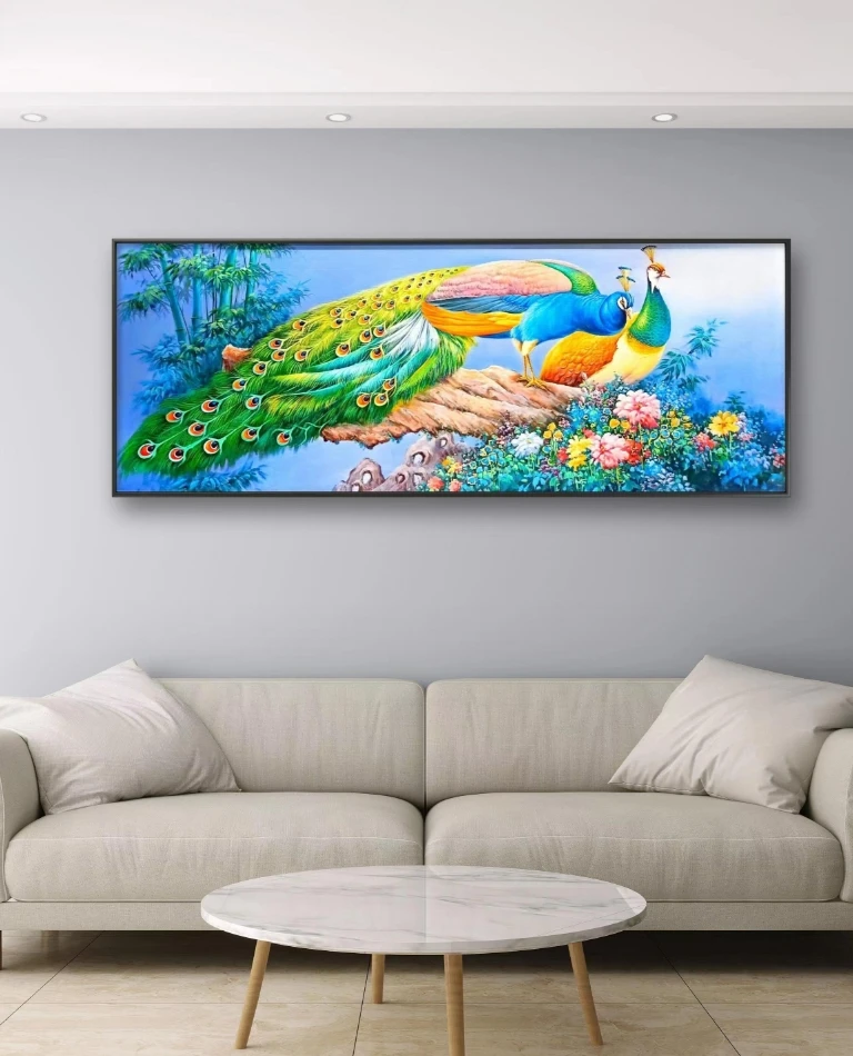 孔雀风景客厅沙发背景挂画手绘客厅装饰油画客厅背景墙挂画