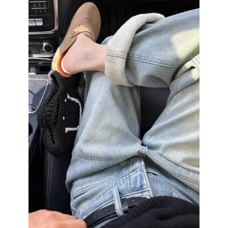 浅蓝色加绒加厚直筒牛仔裤女冬季大码胖mm设计感遮胯显瘦阔腿长裤