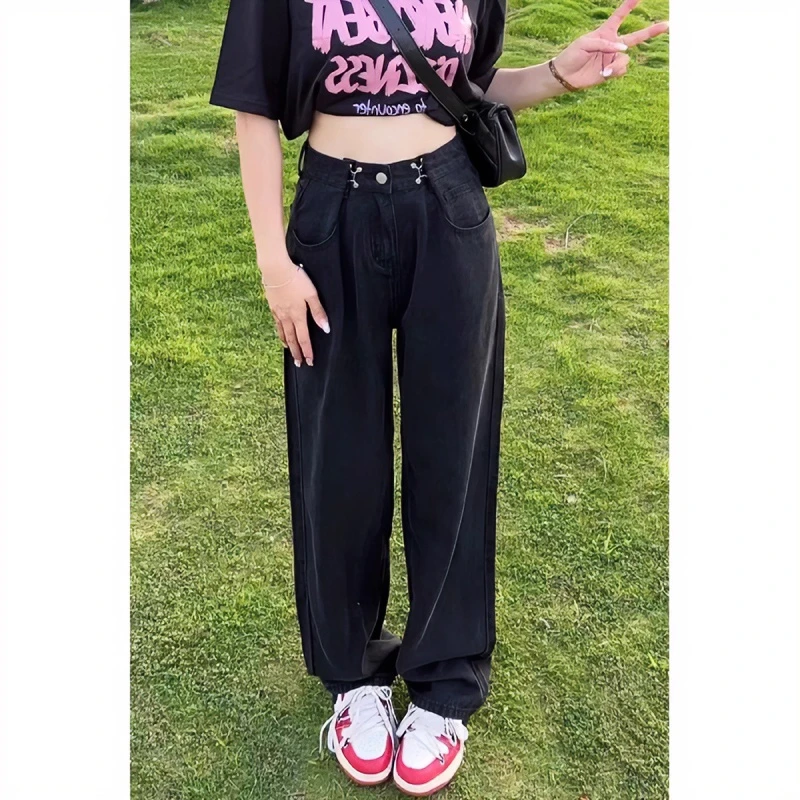 黑色设计感可调节天丝牛仔裤女夏季薄款胖mm高腰垂感冰丝阔腿长裤