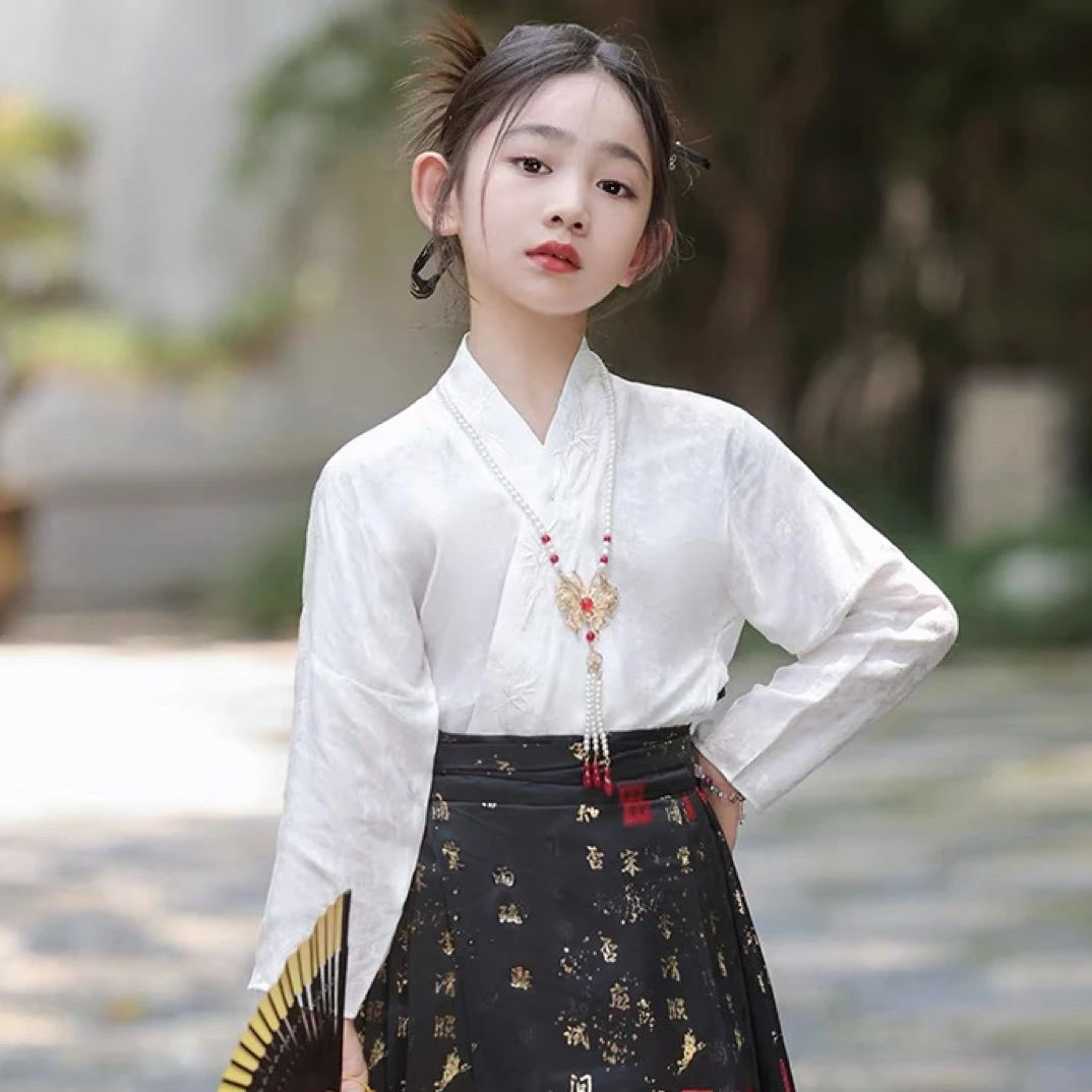 儿童古风马面裙汉服春秋款女童中国风明制唐装小女孩高端古装套装