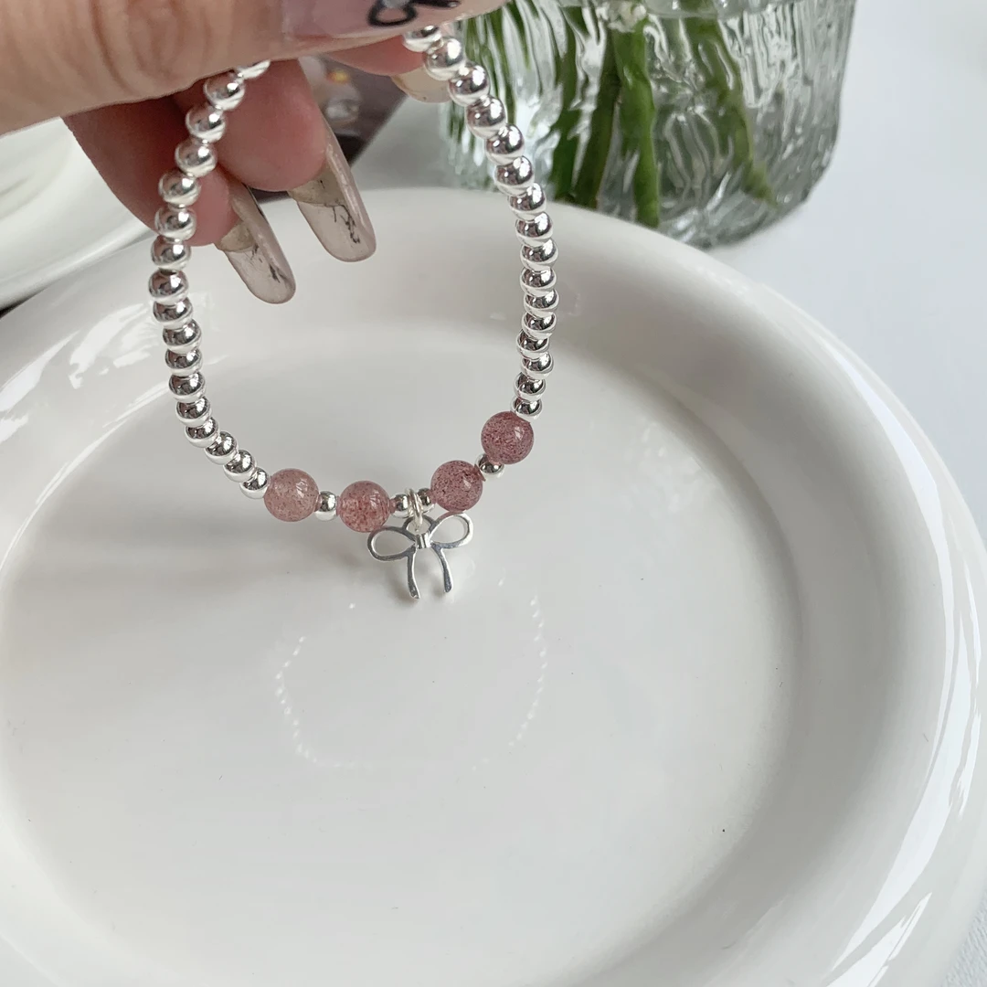 925银手链 蝴蝶结粉色珠珠手串弹力绳甜美简约显白小众轻奢百搭
