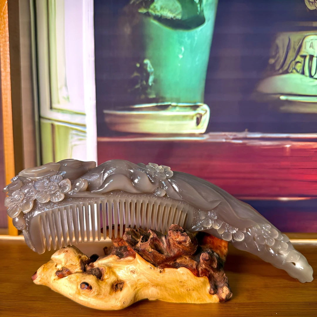 【精雕白水牛角】仰面九尾狐养发梳头老料防静电牛角梳