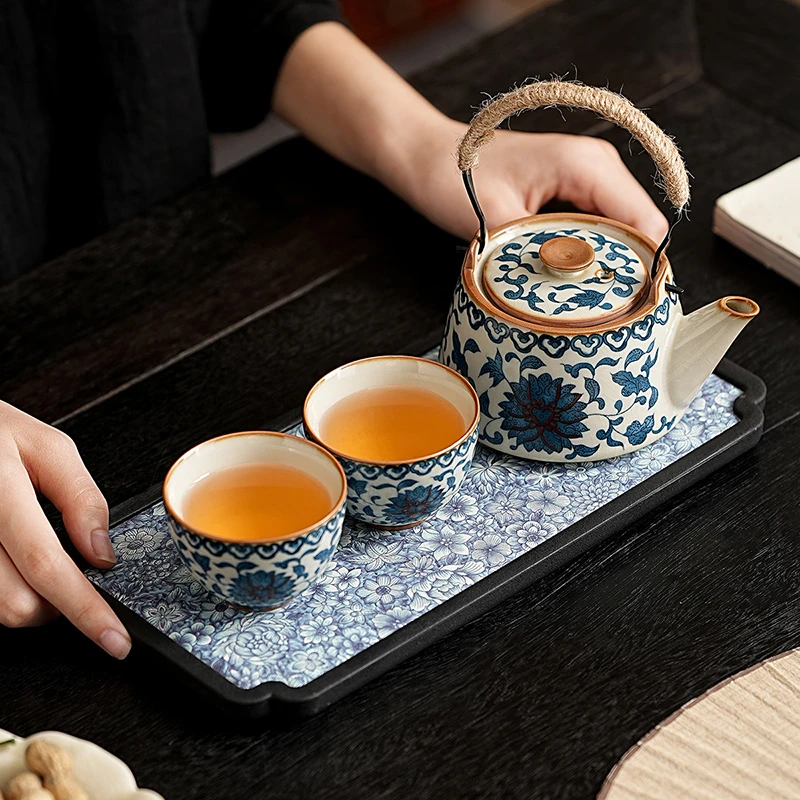 黄汝窑青花茶壶复古中式家用泡茶单个提梁壶陶瓷功夫茶具2024新款