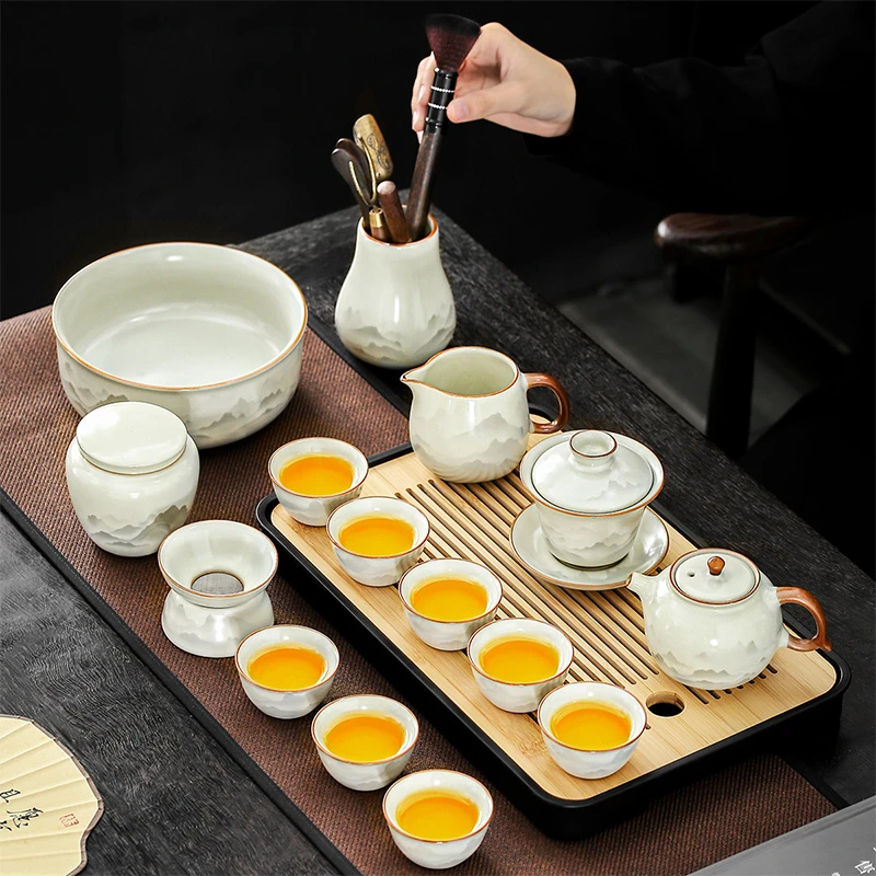 2025新款水墨风汝窑功夫茶具套装家用泡茶高档礼盒套装可定制logo