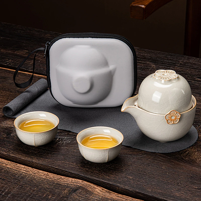 汝窑旅行茶具套装便携式陶瓷防烫手抓壶户外露营喝茶必备泡茶壶