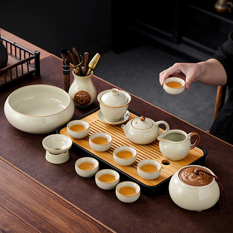 汝窑功夫茶具套装家用轻奢高档陶瓷泡茶壶喝茶必备茶杯茶盘一整套